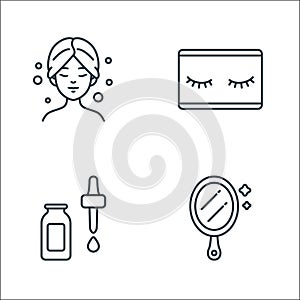 beauty cosmetics line icons. linear set. quality vector line set such as mirror, skincare, eyelashes