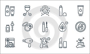 Beauty cosmetics line icons. linear set. quality vector line set such as organic product, beauty, cosmetics, lipstick, hair dryer