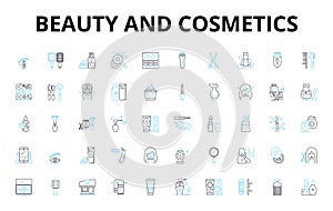 Beauty and cosmetics linear icons set. Glamour, Radiance, Elegance, Perfection, Luxury, Rejuvenation, Serenity vector