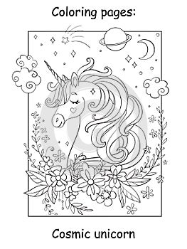 Beauty cosmic unicorn with flowers and stars coloring vector