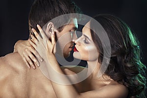 beauty couple. Kissing couple portrait. Sensual brunette woman in underwear with young lover, passionate couple