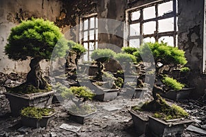 Beauty and decay: bonsai among decaying walls. photo