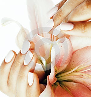 Beauty delicate hands with manicure holding flower lily close up