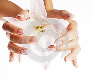 Beauty delicate hands with manicure holding flower lily