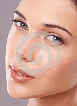 Beauty, dermatology and portrait of woman in studio for wellness, skincare and facial treatment. Luxury salon, spa and