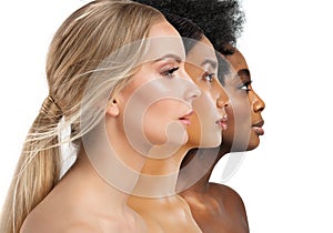 Beauty Diversity Faces. Multi Ethnic Women Caucasian, African and Asian. Three Woman Profile with different Skin Type and Color