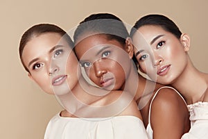 Beauty. Diversity Group Of Models Portrait. Multicultural Women With Nude Makeup And Smooth Perfect Skin.