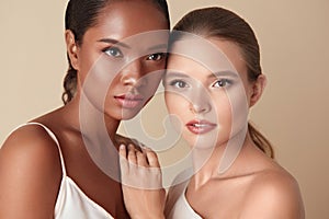 Beauty. Diversity Models Portrait. Multi-Ethnic Women With Natural Makeup And Perfect Skin Against Beige Background.