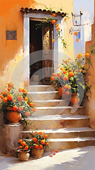 The Beauty of Doorways: Potted Flowers, Glimmering Orange Dawn