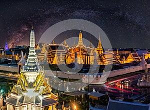 The beauty of the Emerald Buddha Temple at Milky way galaxy with