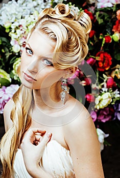 Beauty emotional blond bride in luxury interior dreaming, crazy