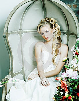 Beauty emotional blond bride in luxury interior dreaming, crazy