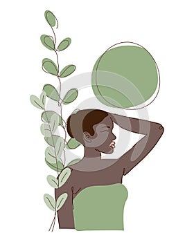 Beauty ethnic character of African, American, black skin woman body silhouette with simple shapes and plant vector