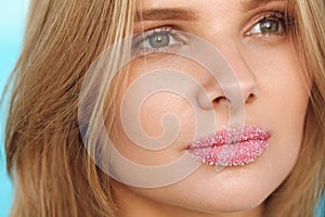 Beauty Face. Beautiful Woman With Full Lips With Sugar Lip Scrub