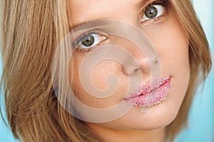 Beauty Face. Beautiful Woman With Full Lips With Sugar Lip Scrub