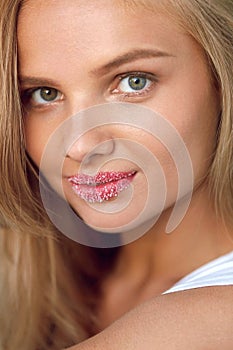 Beauty Face. Beautiful Woman With Full Lips With Sugar Lip Scrub