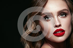 Beauty Face. Beautiful Woman With Makeup And Red Lips.