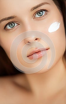 Beauty, face cream and skincare cosmetics model portrait, woman applying moisturiser, cleanser lotion or make-up remover