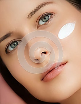 Beauty, face cream and skincare cosmetics model portrait, woman applying moisturiser, cleanser lotion or make-up remover