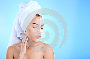 Beauty, face mask and skincare woman with mockup space for dermatology cosmetics. Aesthetic model person with spa facial