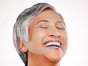 Beauty, face and mature woman laugh at funny skincare joke, cosmetics humour or natural facial makeup. Spa salon comedy