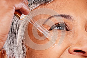 Beauty face, mature woman or serum skincare hydration, anti aging collagen or studio essential oil. Retinol dropper