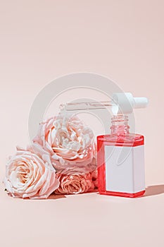 Beauty face oil in pink glass dropper bottle with flowers. Trendy shoot of cosmetics packaging. Essential oil with