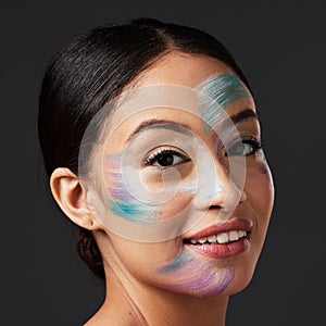 Beauty, face paint and smile, portrait of woman with creative makeup, art and self expression. Skincare, creativity and