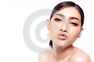 Beauty face skin. Asian woman get beautiful face and nice skin. Attractive beautiful young girl kissing and showing beautiful lips