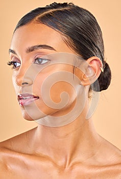 Beauty, face and skin care of woman in studio for glow, cosmetics, dermatology or makeup. Aesthetic female .profile for