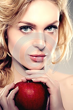 Beauty face woman. Girl healthy model in spa salon. Cream treatment products. Facial skin terapy Apple