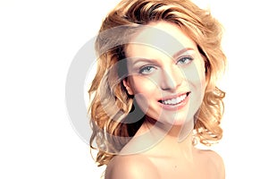 Beauty face woman. Girl healthy model in spa salon. Cream treatment products. Facial skin terapy. Beautiful smile, teeth. Dental