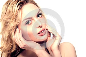 Beauty face woman. Girl healthy model in spa salon. Cream treatment products. Facial skin terapy