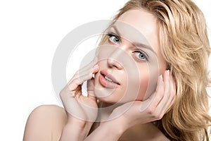 Beauty face woman. Girl healthy model in spa salon. Cream treatment products. Facial skin terapy