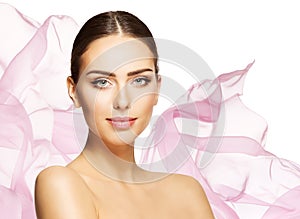 Beauty Face Woman Skin. Perfect Model Portrait Skin Care. Pink Chiffon Fabric Flying on Wind. Beauty Treatment and Cosmetology