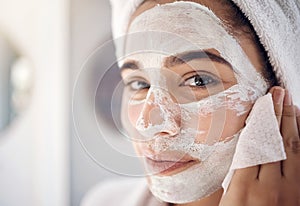 Beauty, facial and face mask on woman doing spa treatment at home with skincare, cosmetics and dermatology product