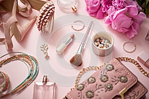 Beauty and fashion accessories and gadgets. Femine concept. Flat lay on pink theme background