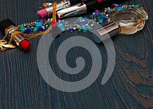 Beauty fashion concept. Female styled accessories: brushes, glasses, cosmetics, jewelry, shoes on white background. Flat lay, top