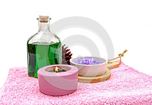 Beauty and fashion concept with spa set on white background