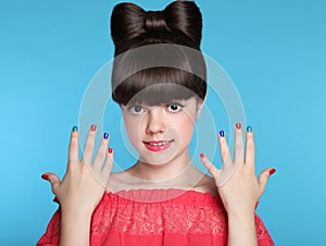 Beauty fashion happy smiling teen girl with funny bow hairstyle