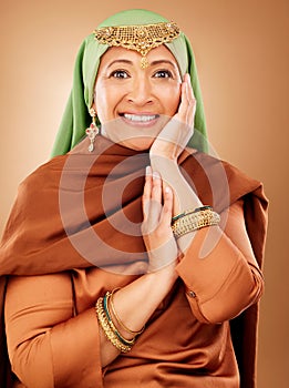 Beauty, fashion and jewellery with portrait of Muslim woman for Arabic, luxury and oriental designer. Gold, Islamic and