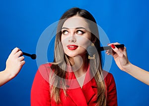 Beauty and fashion. jewelry earrings. Girl in red jacket. hair beauty and hairdresser salon. Fashion portrait of woman