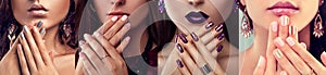 Beauty fashion model with different make-up and nail art design wearing jewelry. Set of manicure. Four stylish looks