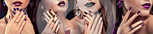 Beauty fashion model with different make-up and nail design wearing jewelry. Set of manicure. Four stylish looks