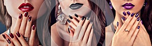 Beauty fashion model with different make-up and nail design wearing jewelry. Set of manicure. Three stylish looks