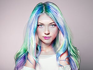 Beauty fashion model girl with colorful dyed hair