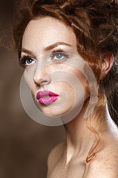 Beauty Fashion Model Girl with Curly Red Hair, Long Eyelashes.