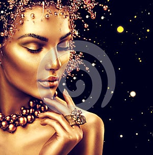 Beauty fashion model girl with golden skin, makeup and hairstyle