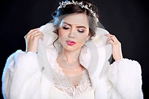 Beauty Fashion Model Girl in Mink Fur Coat and white furry hood.