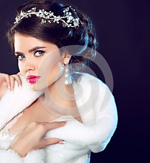 Beauty Fashion Model Girl in white Mink Fur Coat. Beautiful Luxury Winter Woman isolated on dark background.